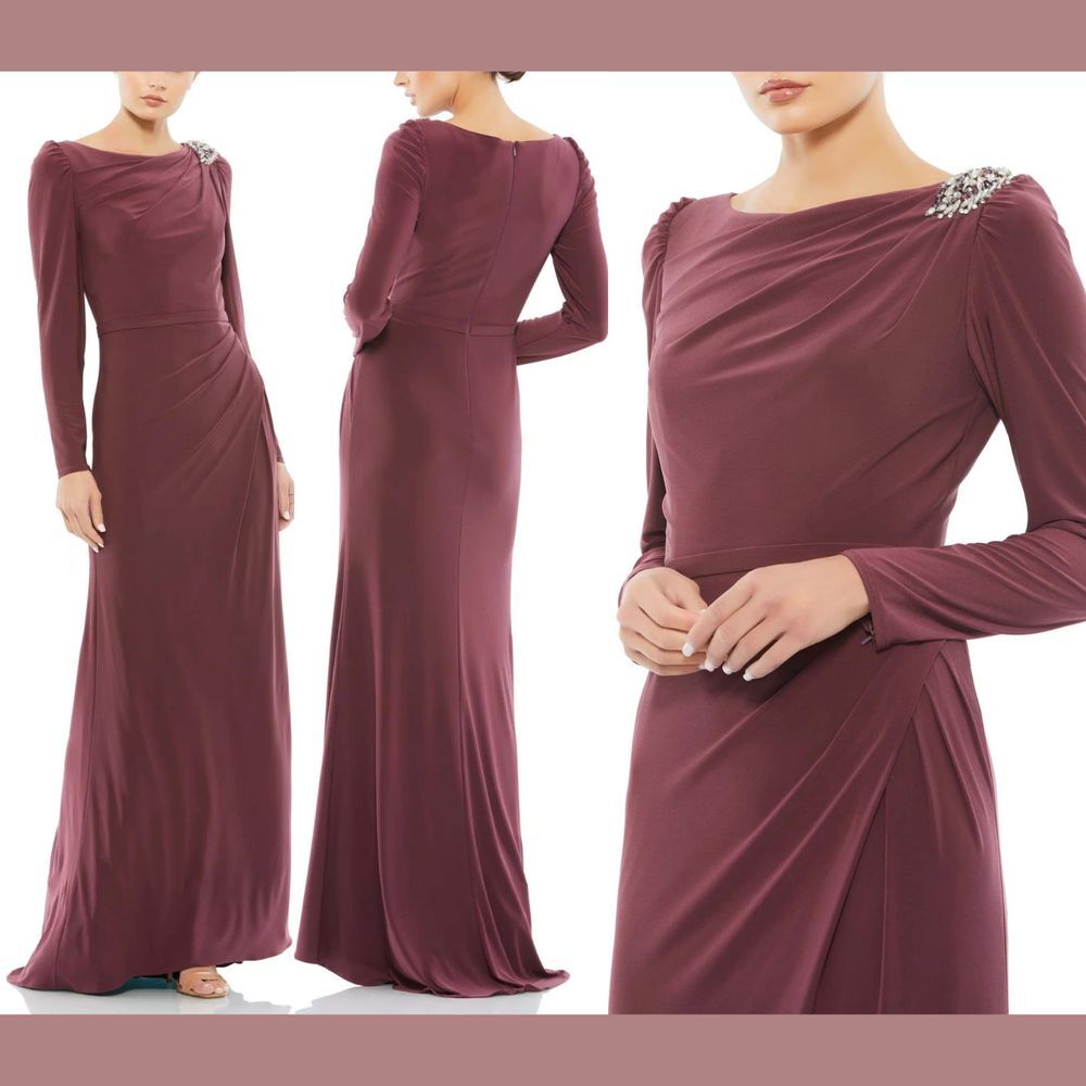 NWT‎ IEENA Mac Duggal [ 2 ] 55695 Boat Long Sleeve Jersey Trumpet Gown Mauve
